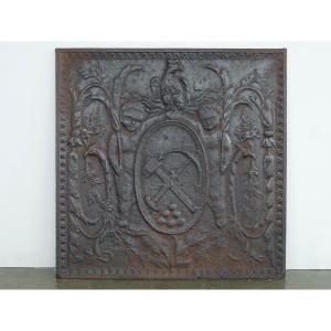 Plaque de cheminée d'époque Premier Empire aux armes de Wendel et d’Hausen (74x74 cm)