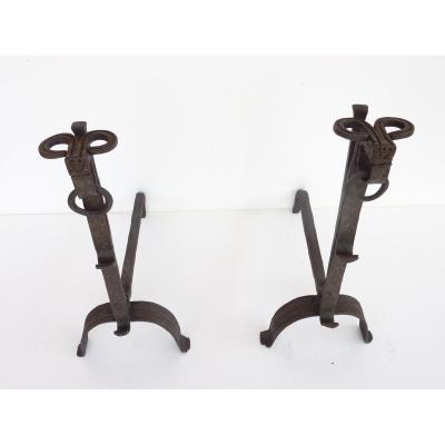 Pair Of Chimney-mounted Andirons With Double Uprights