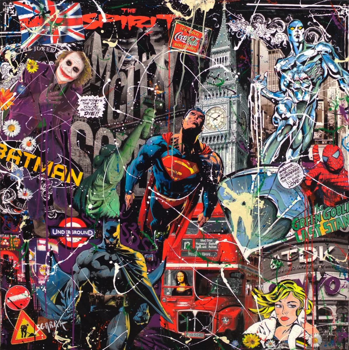 SGARRA Robert Comics Heroes In London Painting Circa 1990