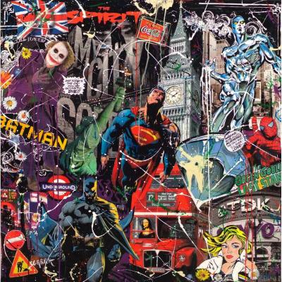 SGARRA Robert Comics Heroes In London Painting Circa 1990