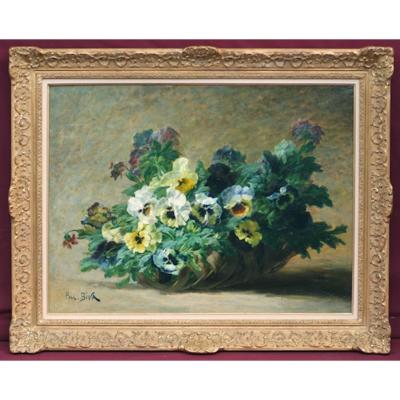 Basket Of Pansies Flowers - Painting 19th Century