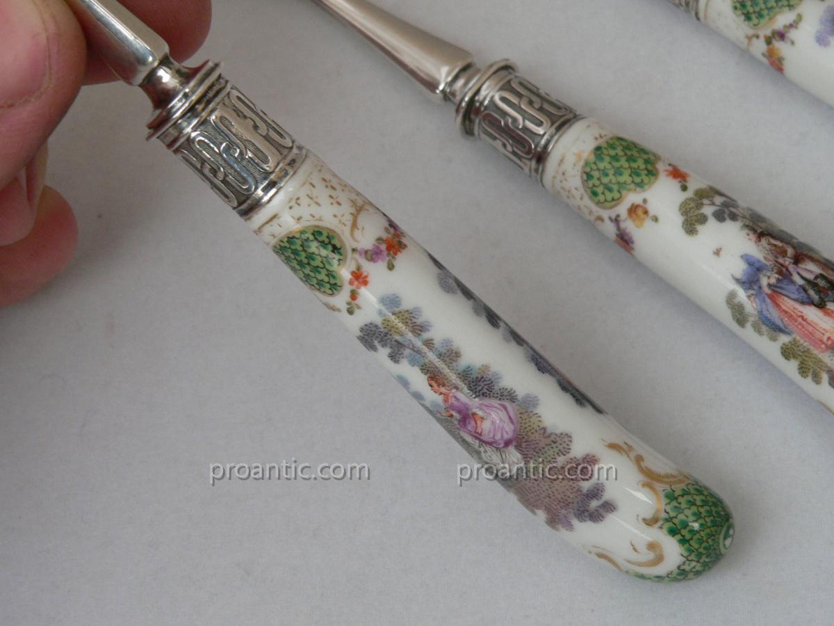 couvert couteau XIXe argent et porcelaine dans le gout de Watteau-photo-1