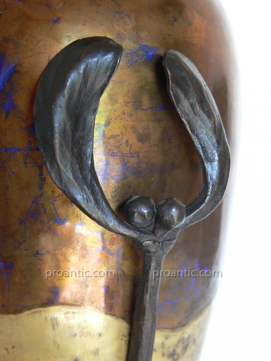 Vase Art Nouveau Iridescent Earthenware Wrought Iron Emile Robert Nancy-photo-2