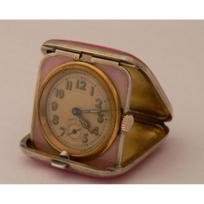 Mechanical Travel Watch In Sterling Silver, Enamelled Vermeil Circa 1900