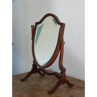 Nineteenth Table Psyche Mirror In Mahogany, Beveled Mercury Ice, Bronze Buttons