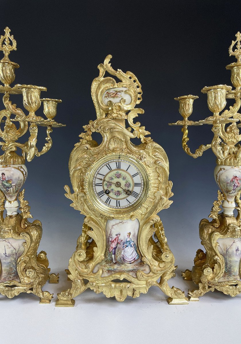 Clock And Candlestick Gilt Bronze And Porcelain-photo-3