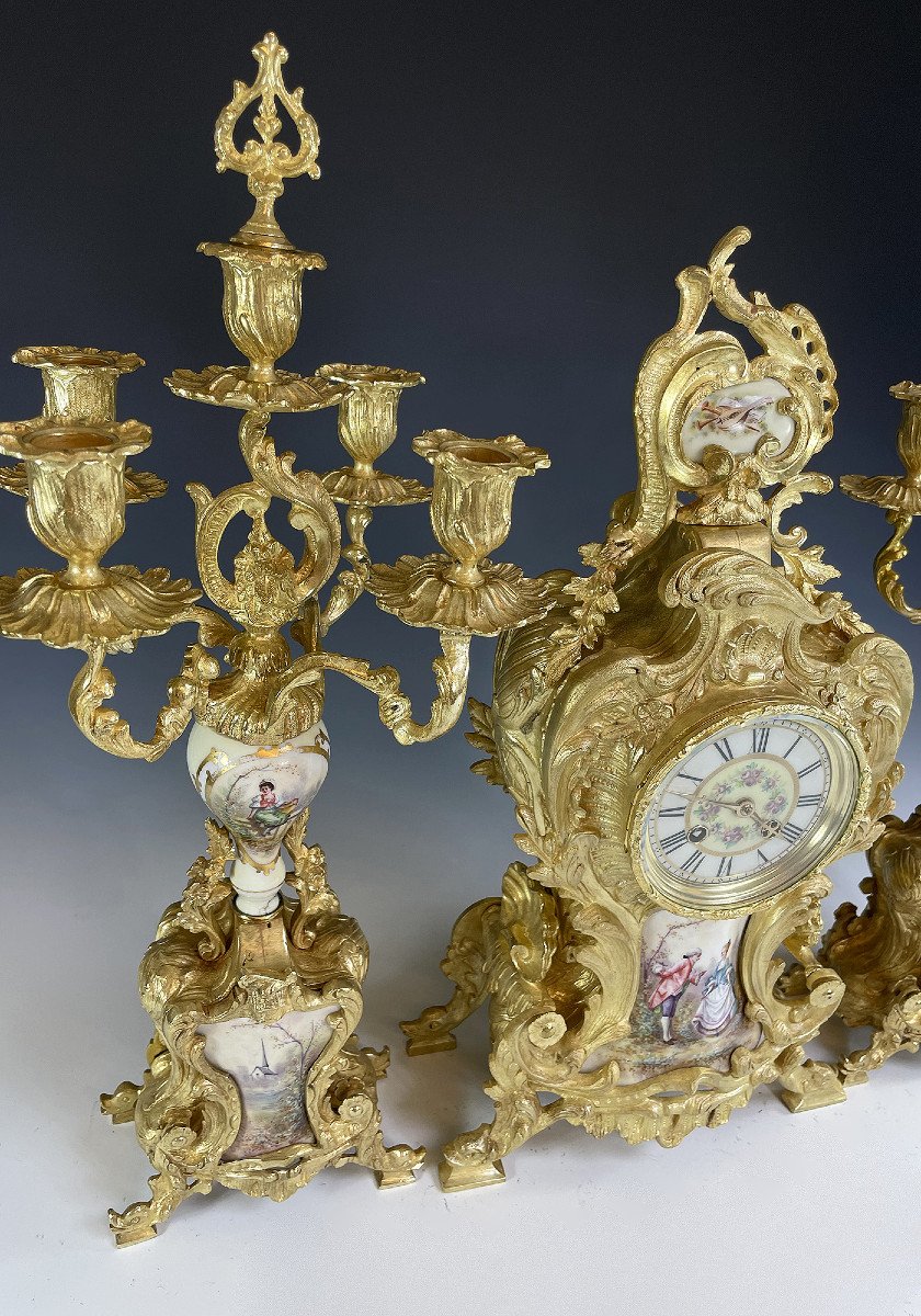 Clock And Candlestick Gilt Bronze And Porcelain-photo-1