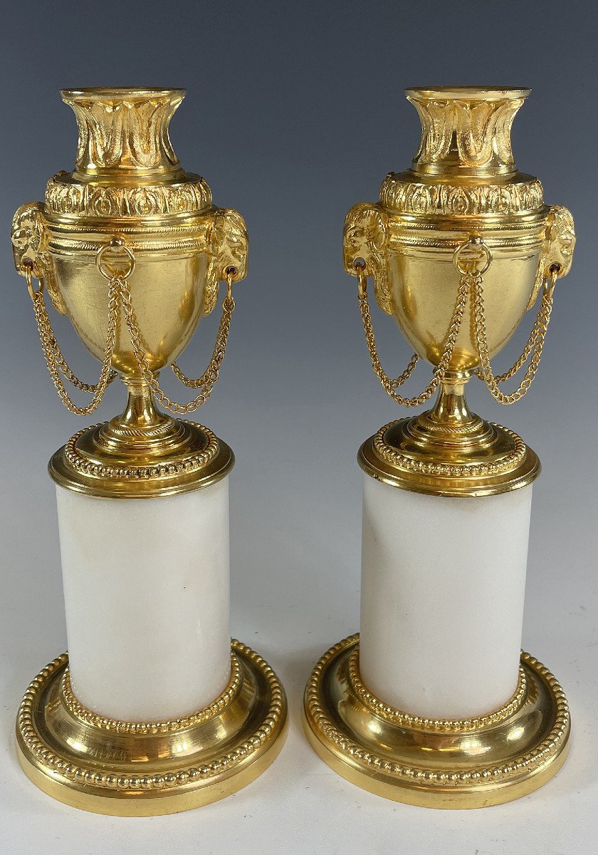 Pair Of Candlesticks Or Vases In Gilded Bronze And Marble 19th Century XIXe-photo-2