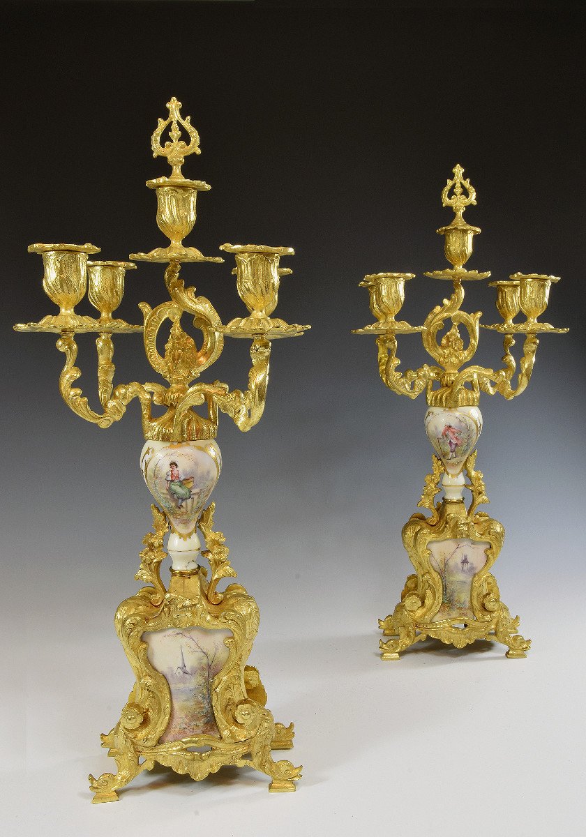 Candlestick Gilt Bronze And Porcelain Louis XV-photo-2