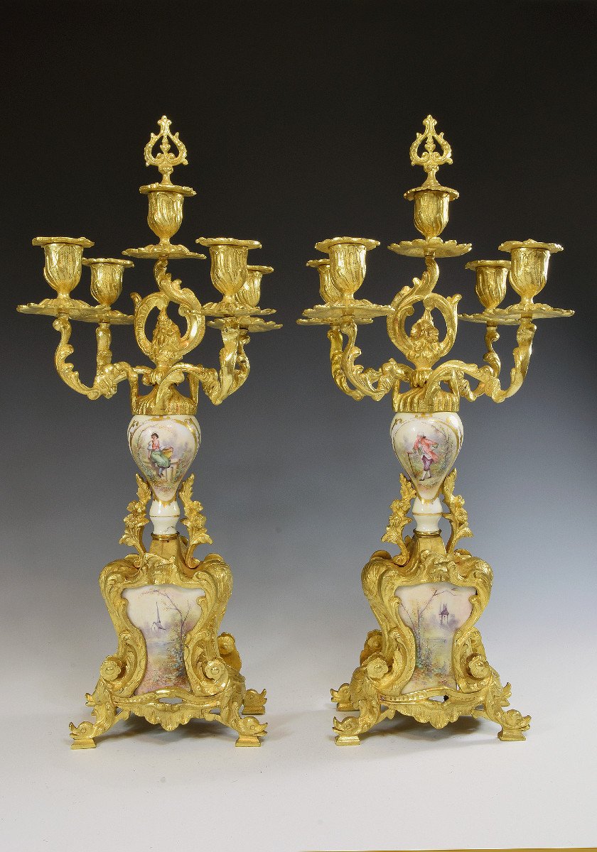 Candlestick Gilt Bronze And Porcelain Louis XV-photo-4