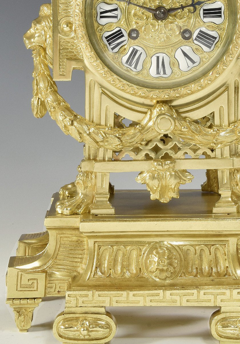 Clock "lion Head" In Gilt Bronze Néo-classique Palais Royal-photo-2