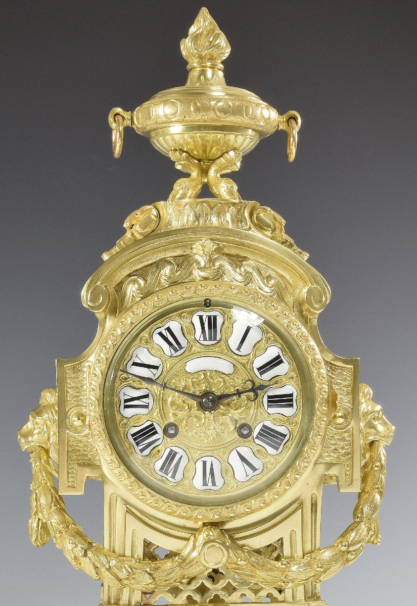 Clock "lion Head" In Gilt Bronze Néo-classique Palais Royal-photo-3