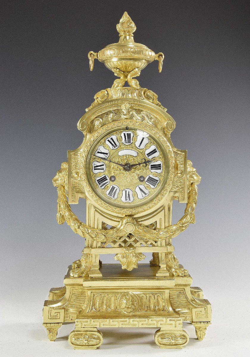 Clock "lion Head" In Gilt Bronze Néo-classique Palais Royal-photo-4