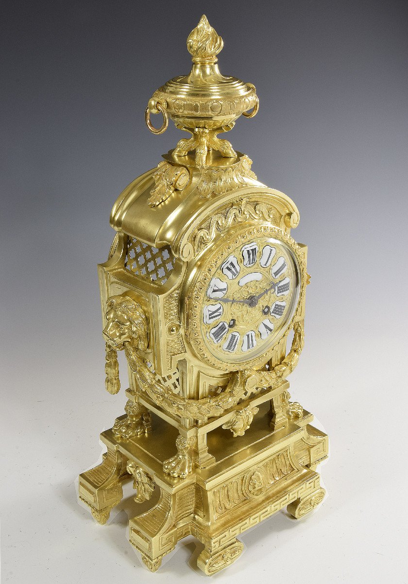 Clock "lion Head" In Gilt Bronze Néo-classique Palais Royal-photo-2