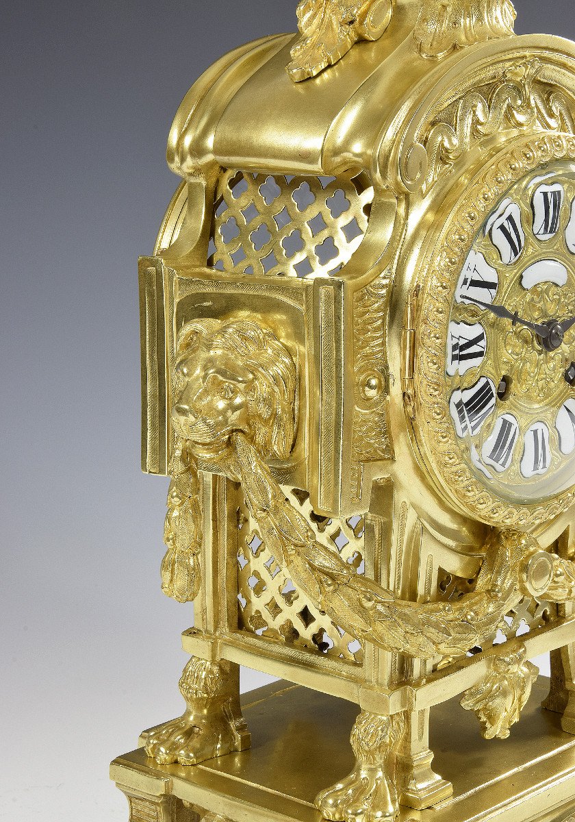 Clock "lion Head" In Gilt Bronze Néo-classique Palais Royal-photo-3