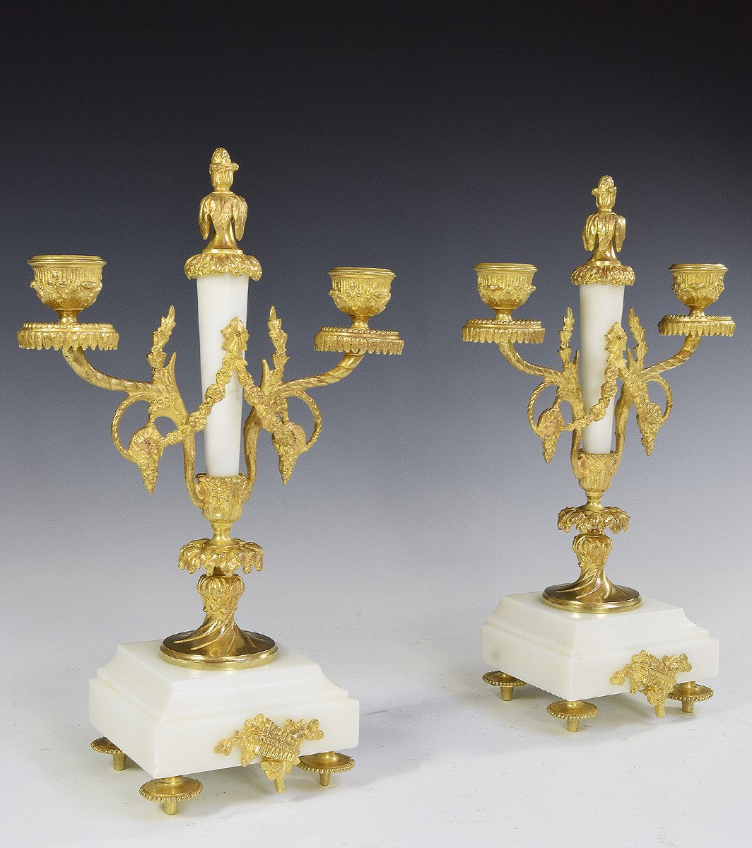 Pair Of Candlesticks Marble And Bronze Napoleon III Period-photo-3