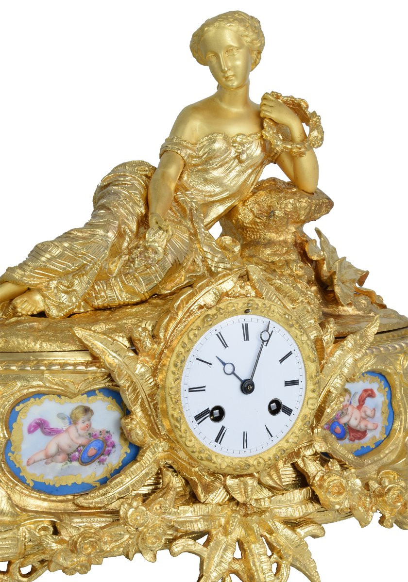 Clock "goddess Flora" In Bronze And Limoges Porcelain 1844-1849-photo-3