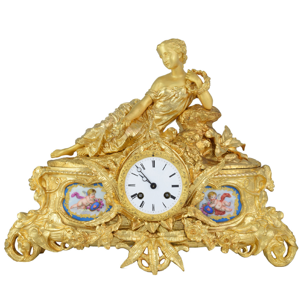 Clock "goddess Flora" In Bronze And Limoges Porcelain 1844-1849