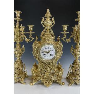 Clock And Candlestick Gilt Bronze Louis XV