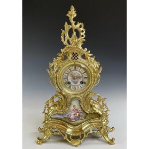 Pendule Louis XV En Bronze Et Porcelaine De Limoges