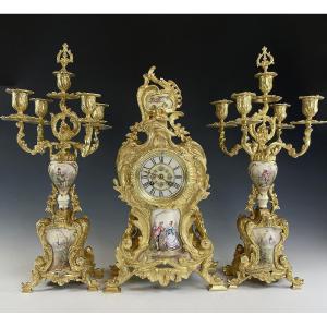 Clock And Candlestick Gilt Bronze And Porcelain