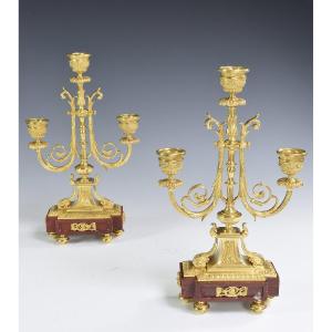 Paire De Chandeliers Marbre Et Bronze Napoleon III