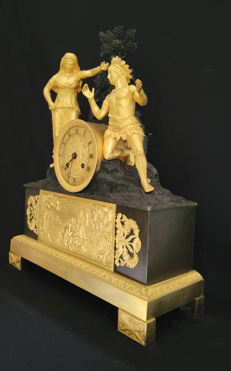 Pendule à l'exotisme, à l'Indigène "la fuite d'Atala et Chactas" en bronze doré patiné vers1830-photo-3