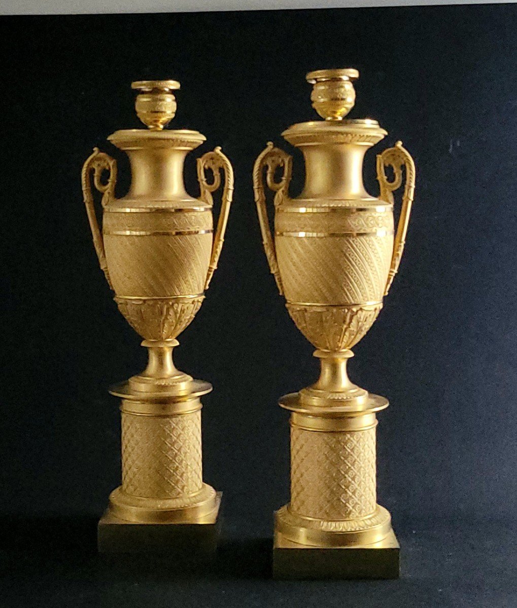 Paire De Vases Ou Cassolettes En Bronze Doré d'époque Empire-photo-3