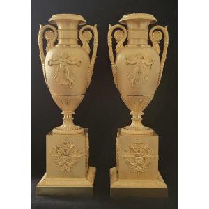 Pair Of Gilt Bronze Vases Empire Period
