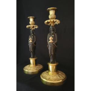 Pair Of Vestal Candlesticks In Gilt And Patinated Bronze, Empire Period 