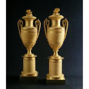 Paire De Vases Ou Cassolettes En Bronze Doré d'époque Empire