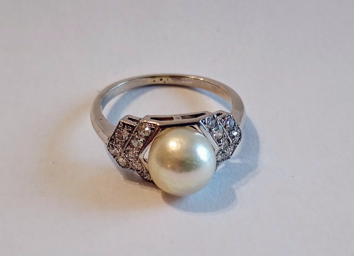 Art Deco Ring In Platinum, Pearl And Diamonds-photo-2