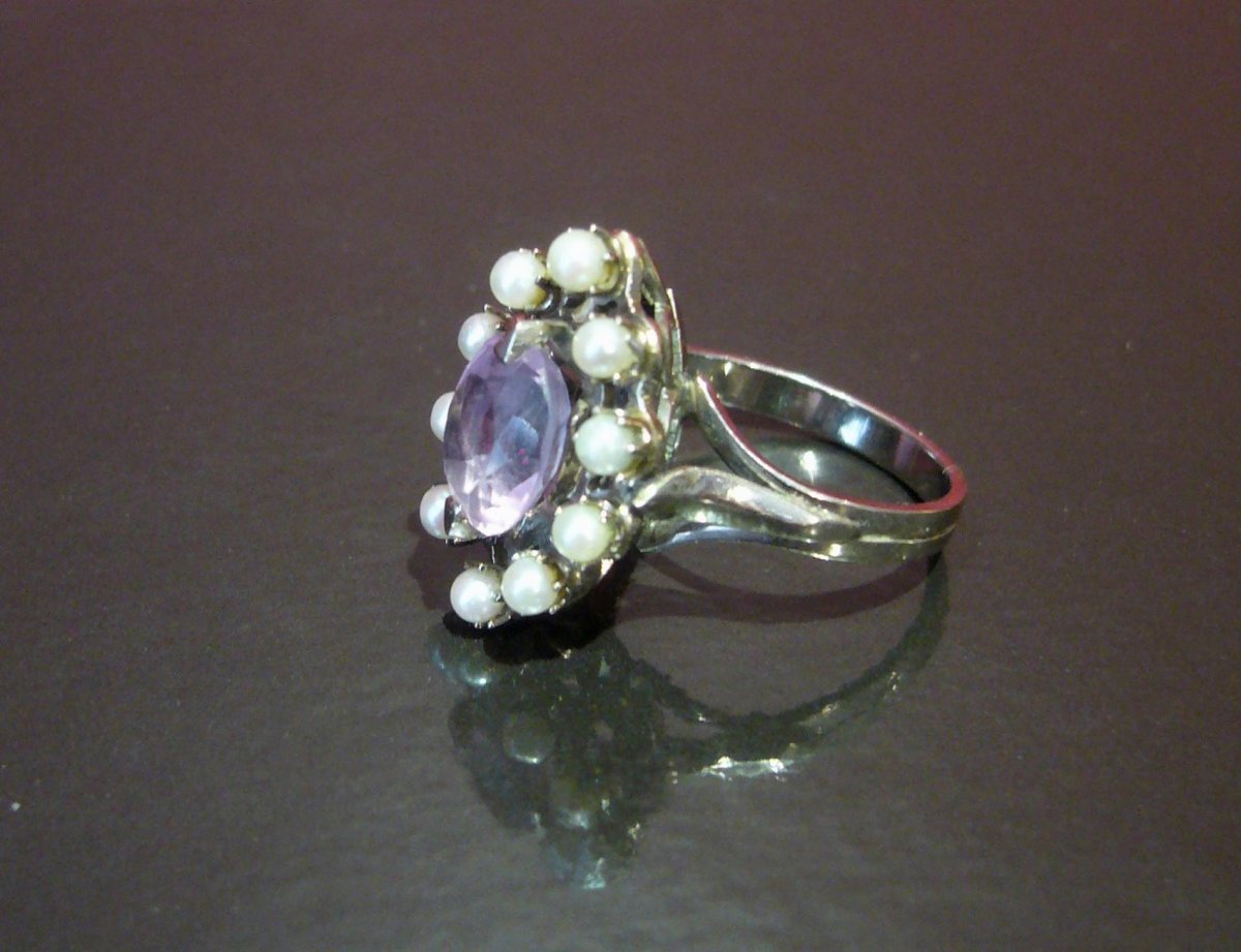 White Gold Ring, Amethyst And Small Pearls-photo-2