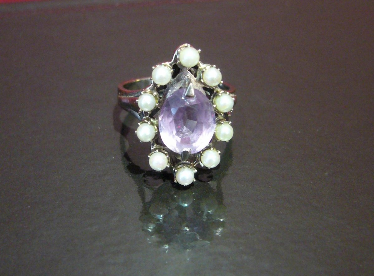 White Gold Ring, Amethyst And Small Pearls