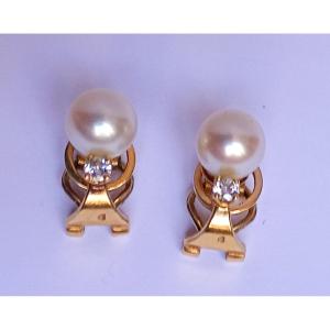 Pair Of Gold, Pearl And Diamond Ear Clips