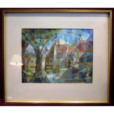 Cubist Gouache Of A Village Square