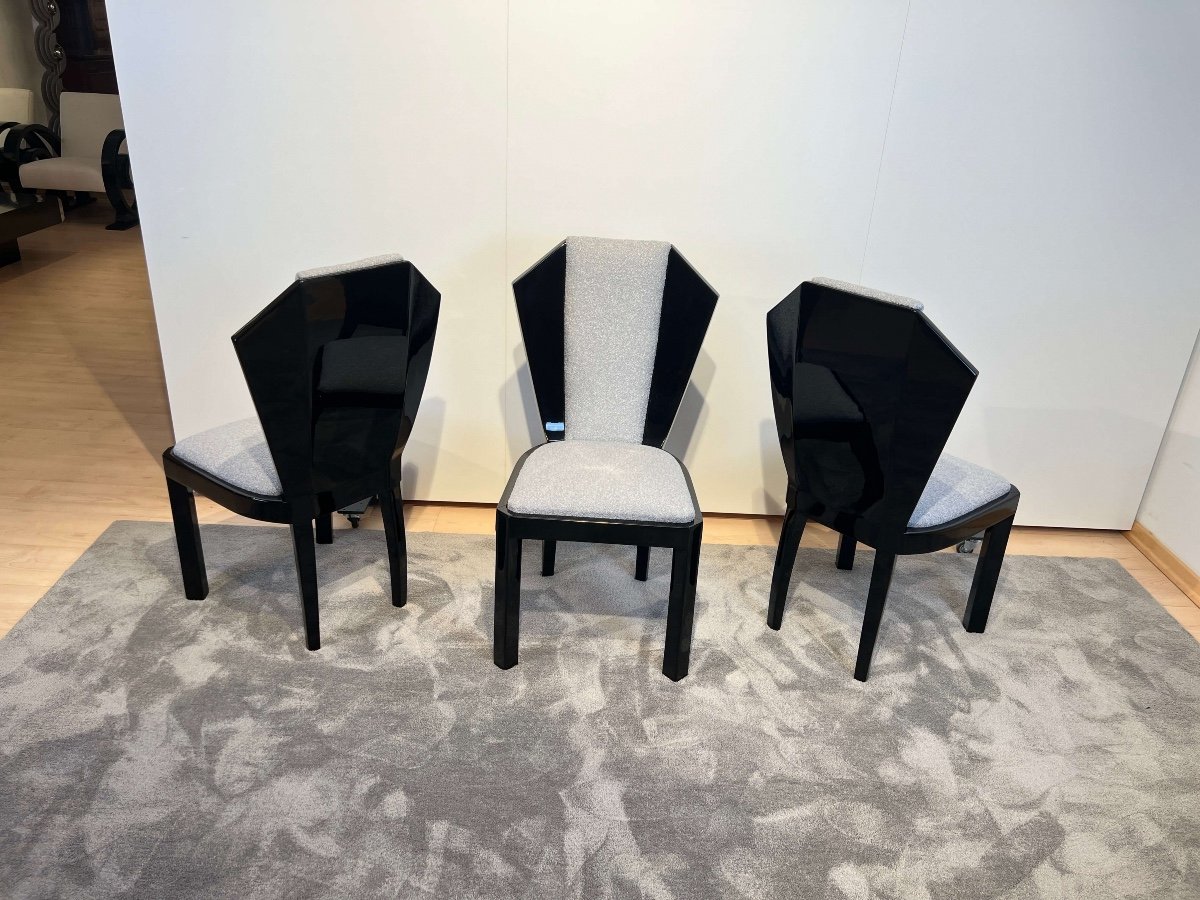 Set Of Six Art Deco Dining Chairs, Black Lacquer And Gray Fabric, France Circa 1930-photo-4