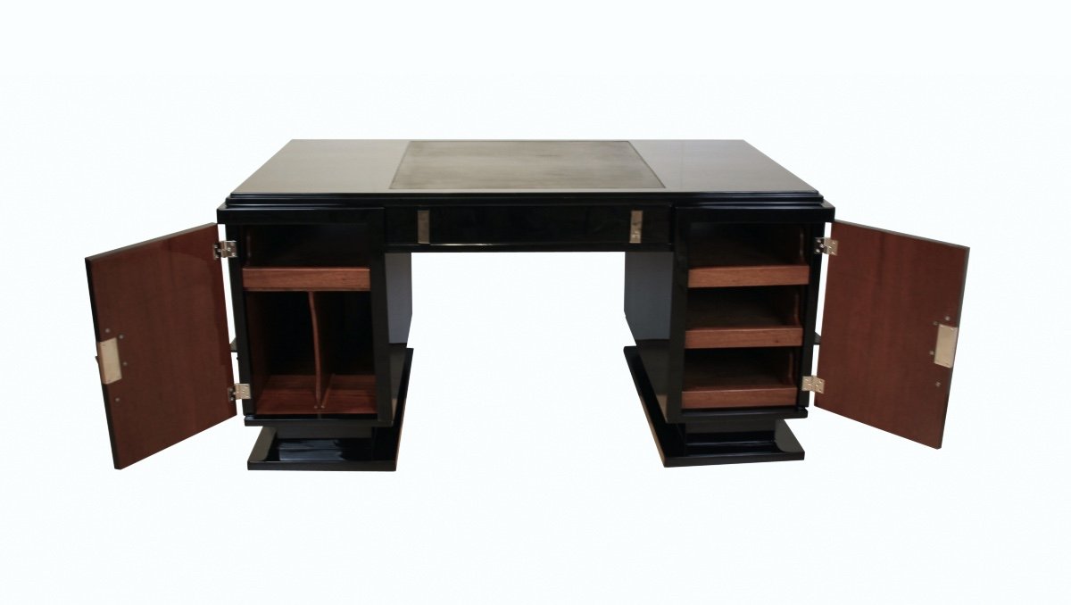 Small Art Deco Desk, Black Lacquer, Nickel, France Circa 1930-photo-4