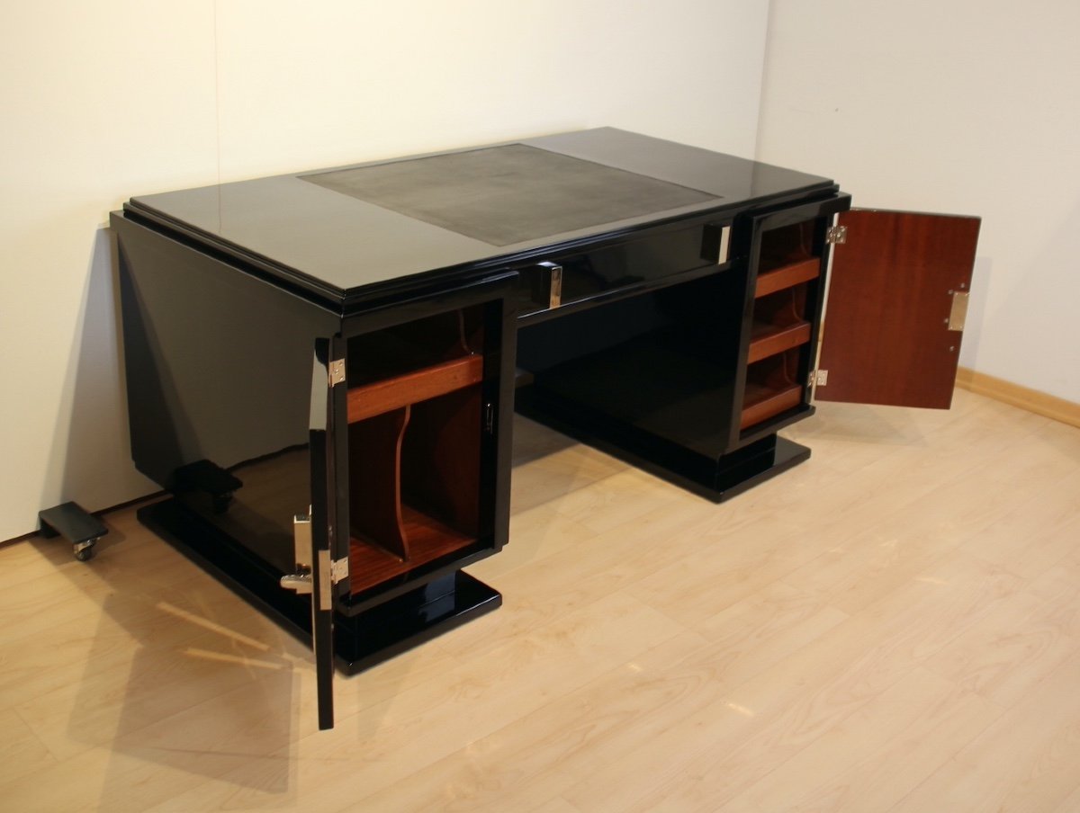 Small Art Deco Desk, Black Lacquer, Nickel, France Circa 1930-photo-2