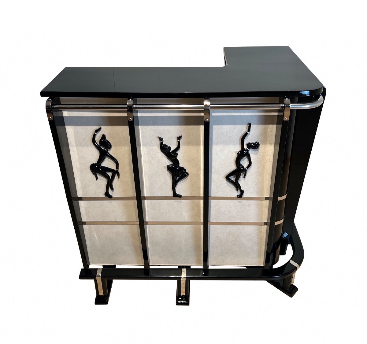 Art Deco Corner Bar, Black Lacquer, Cream, Chrome, France Circa 1950