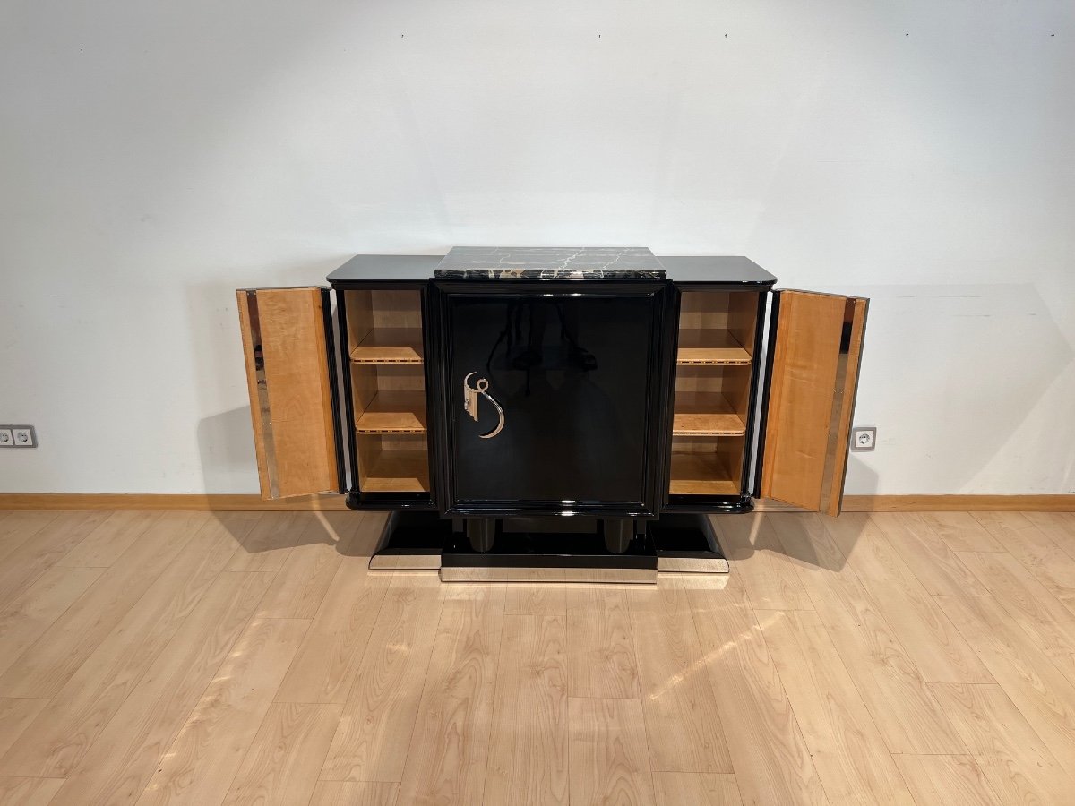 Small Art Deco Buffet, Black Lacquer, Maple, Marble, Nickel, France Circa 1930-photo-6