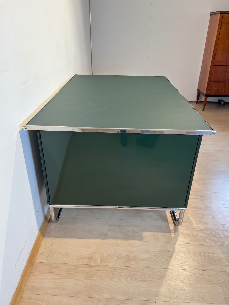 Large Bauhaus Partners Desk, Green Lacquer, Metal, Steeltube, Germany Circa 1930-photo-1