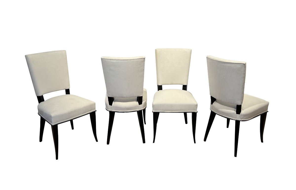 Set Of 8 Art Deco Chairs, Black Lacquer, Creme Velour, France Circa 1930-photo-2