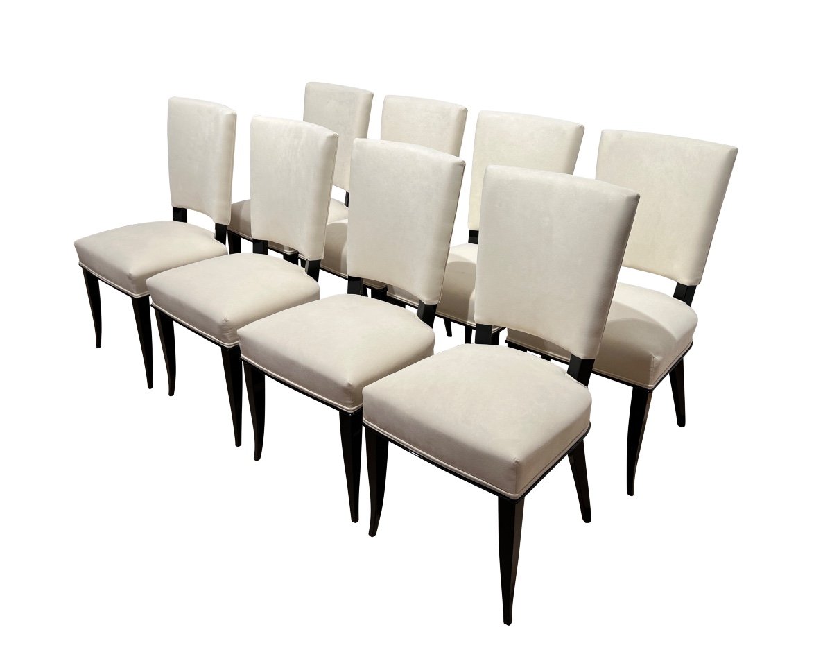 Set Of 8 Art Deco Chairs, Black Lacquer, Creme Velour, France Circa 1930