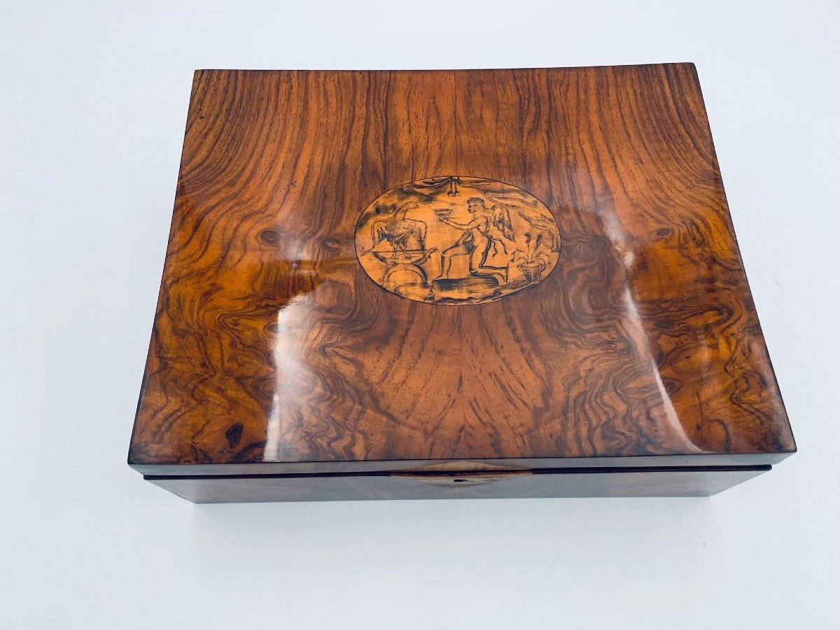 Biedermeier Box, Walnut Veneer, Ink Painting, Austria Circa 1820-photo-3