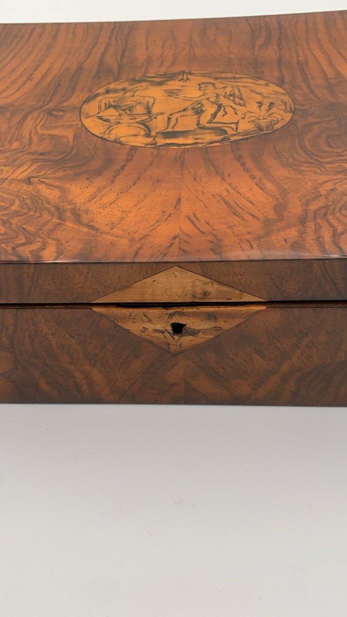 Biedermeier Box, Walnut Veneer, Ink Painting, Austria Circa 1820-photo-5