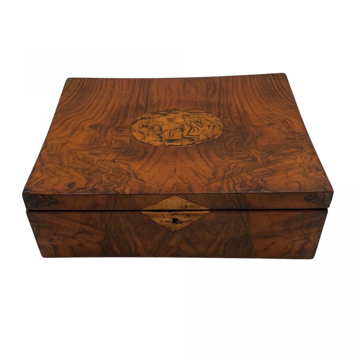 Biedermeier Box, Walnut Veneer, Ink Painting, Austria Circa 1820