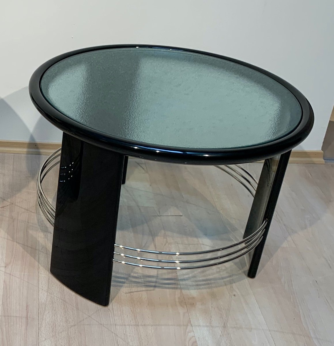 Art Deco Coffee Table, Black Lacquer, Chrome, Glass, France Circa 1930-photo-3