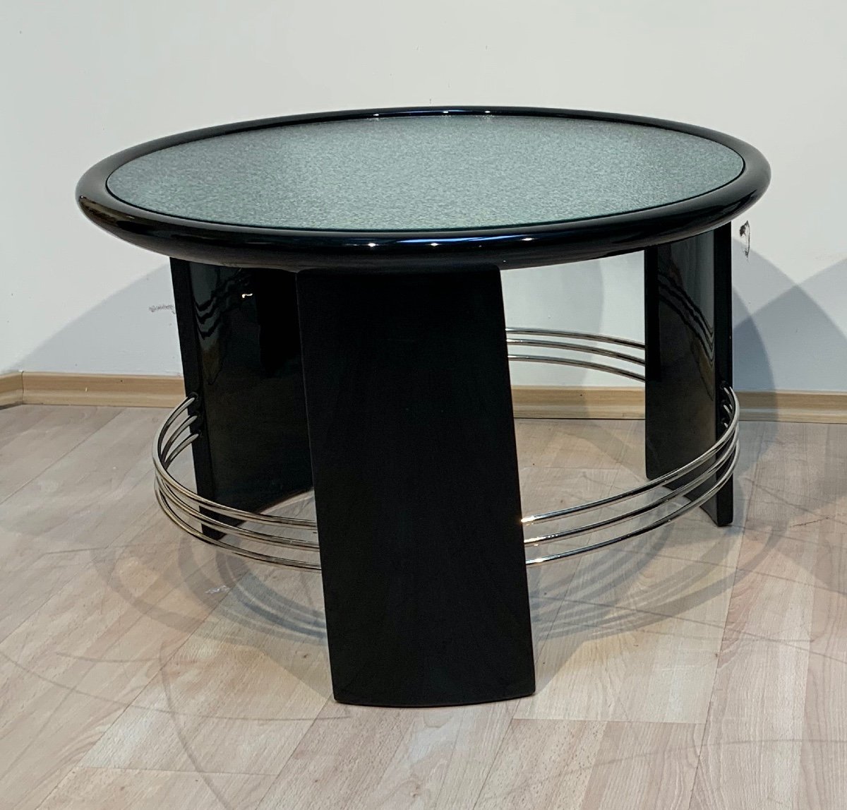 Art Deco Coffee Table, Black Lacquer, Chrome, Glass, France Circa 1930-photo-1