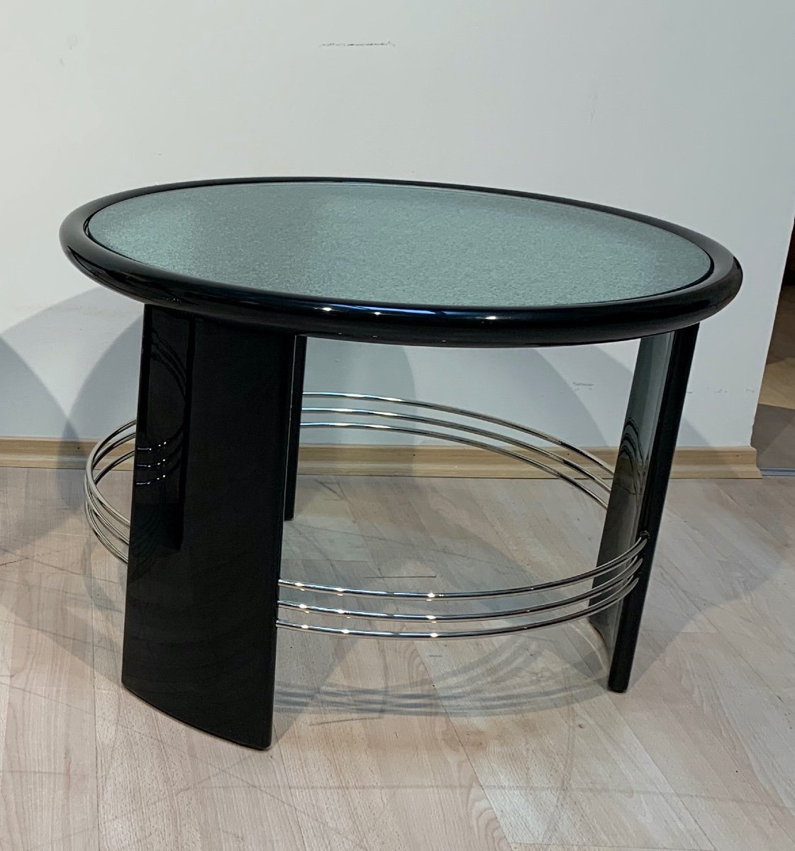 Art Deco Coffee Table, Black Lacquer, Chrome, Glass, France Circa 1930-photo-2